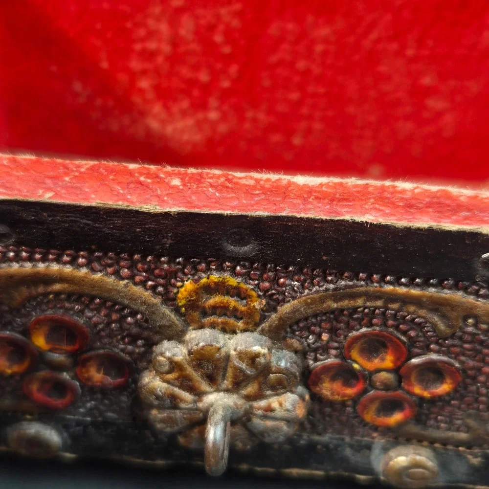 Antique Peruvian Tooled Leather Dome Chest Vintage Trinket Box Claw Feet 5